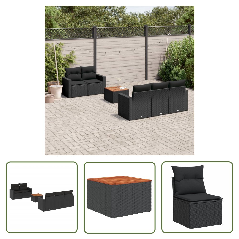 The Living Store 6-cz. zestaw mebli ogrodowych z poduszkami - czarny polirattan - Sofa Ogrodowa