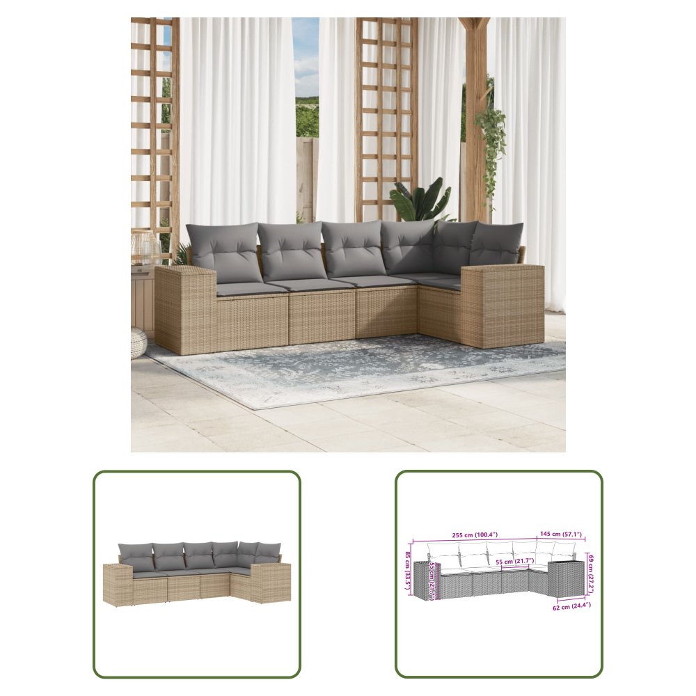 The Living Store 5-cz. zestaw mebli ogrodowych z poduszkami - beżowy - polirattan - Sofa Ogrodowa