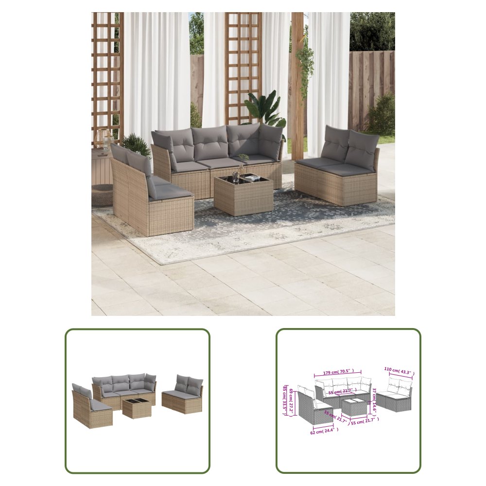 The Living Store 8-cz. zestaw mebli ogrodowych z poduszkami - beżowy - polirattan - Zestaw Wypoczynkowy Do Ogrodu