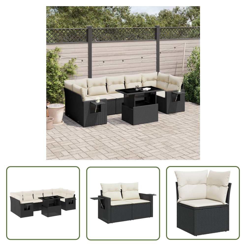 The Living Store 8-cz. zestaw wypoczynkowy do ogrodu - z poduszkami - czarny - Sofa Ogrodowa