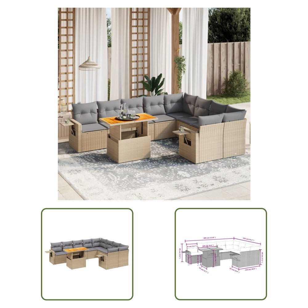 The Living Store 10-cz. zestaw mebli ogrodowych z poduszkami - beżowy - polirattan - Sofa Ogrodowa