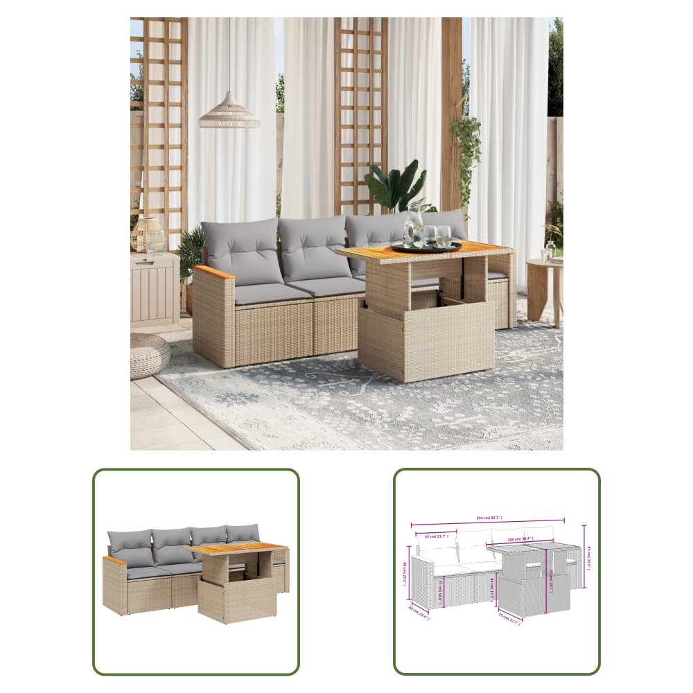 The Living Store 5-cz. zestaw mebli ogrodowych z poduszkami - beżowy - polirattan - Sofa Ogrodowa