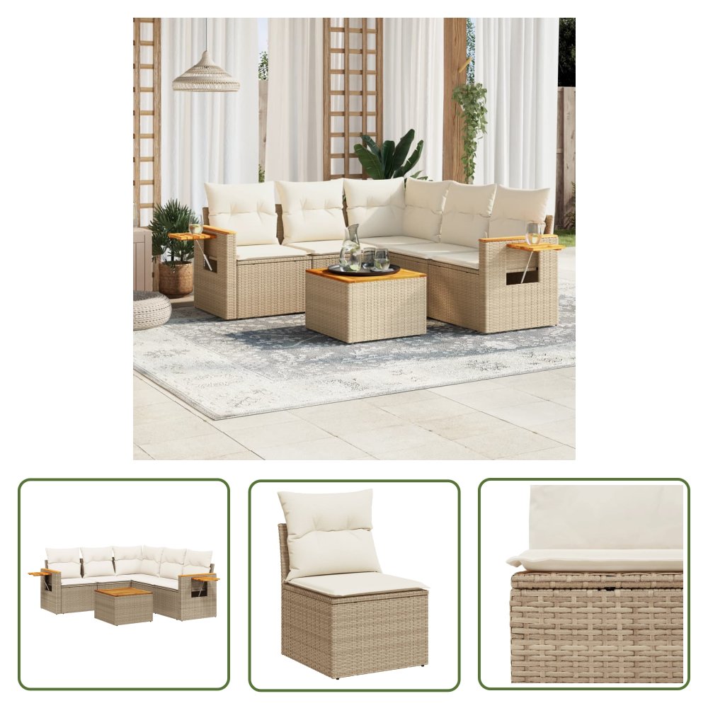 The Living Store 6-cz. zestaw mebli ogrodowych z poduszkami - beżowy - polirattan - Sofa Ogrodowa