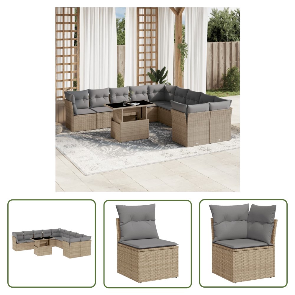 The Living Store 11-cz. zestaw mebli ogrodowych z poduszkami - beżowy - polirattan - Sofa Ogrodowa