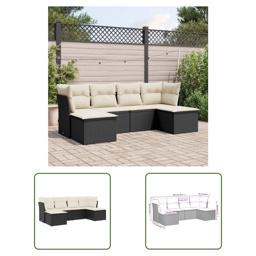 The Living Store 6-cz. zestaw mebli ogrodowych z poduszkami - czarny polirattan - Sofa Ogrodowa