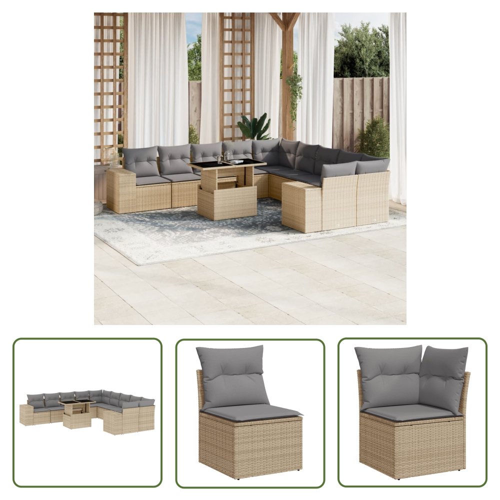 The Living Store 11-cz. zestaw mebli ogrodowych z poduszkami - beżowy - polirattan - Sofa Ogrodowa