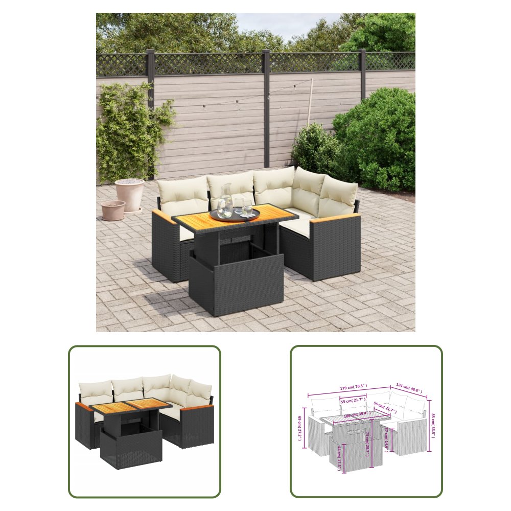 The Living Store 5-cz. zestaw wypoczynkowy do ogrodu - poduszki - czarny rattan PE - Sofa Ogrodowa