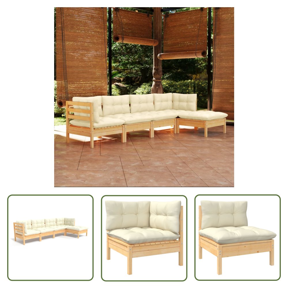 The Living Store 5-cz. zestaw wypoczynkowy do ogrodu - kremowe poduszki - sosnowy - Zestaw Wypoczynkowy Do Ogrodu