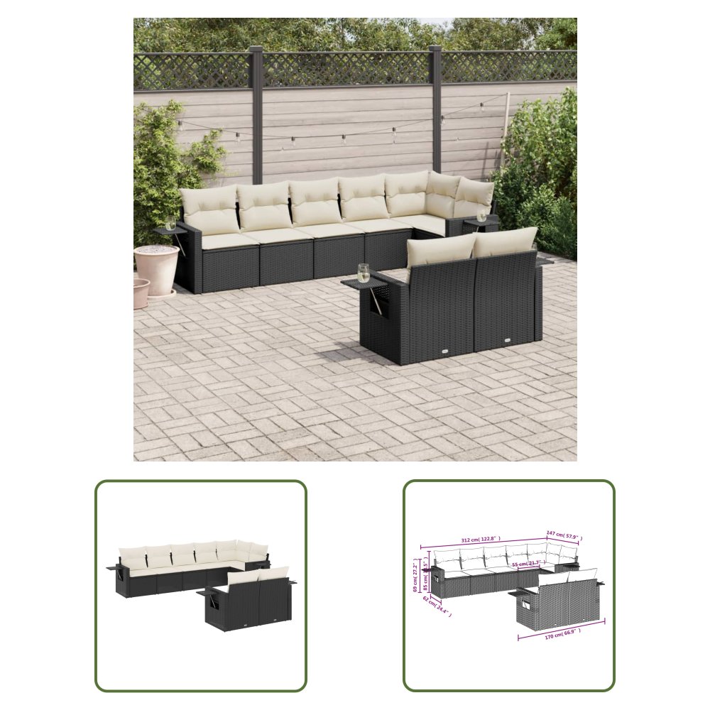 The Living Store 8-cz. zestaw wypoczynkowy do ogrodu - z poduszkami - czarny - Sofa Ogrodowa