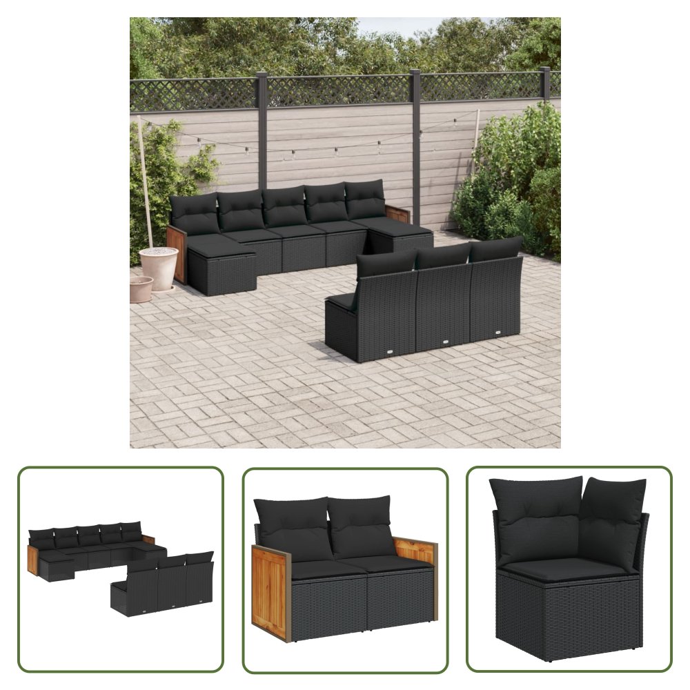 The Living Store 10-cz. zestaw wypoczynkowy do ogrodu - poduszki czarny rattan PE - Sofa Ogrodowa