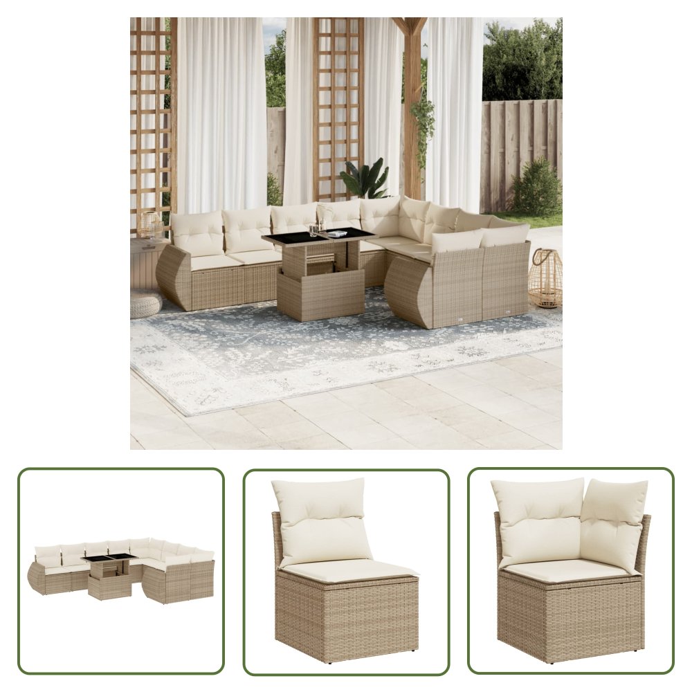 The Living Store 10-cz. zestaw mebli ogrodowych z poduszkami - beżowy - polirattan - Sofa Ogrodowa