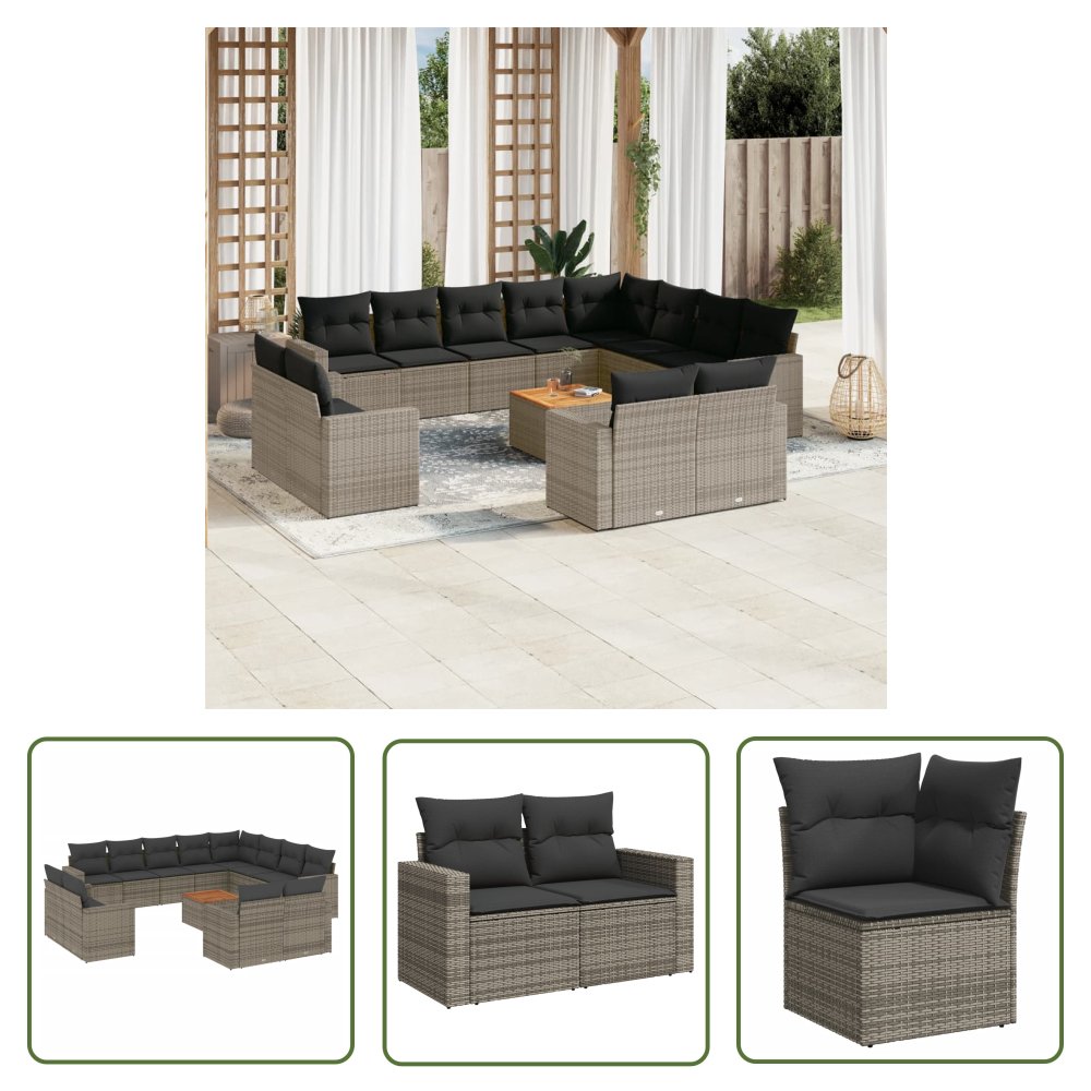 The Living Store 13-cz. zestaw mebli ogrodowych z poduszkami - szary - polirattan - Sofa Ogrodowa