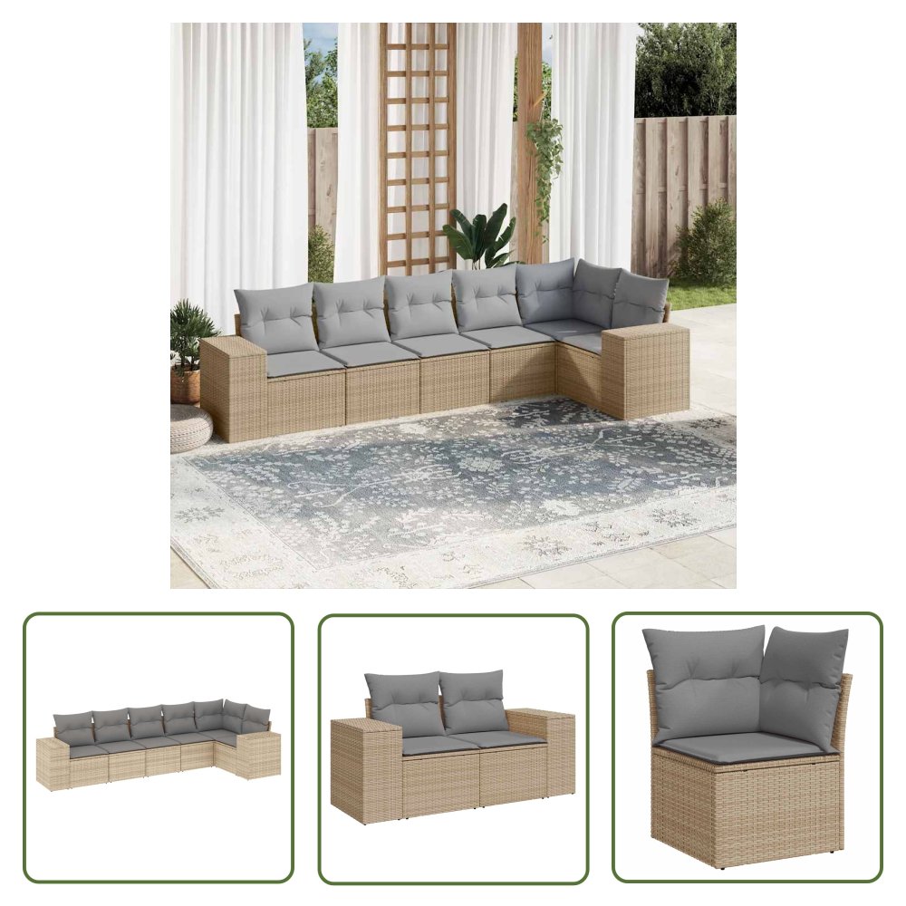 The Living Store 6-cz. zestaw mebli ogrodowych z poduszkami - beżowy - polirattan - Sofa Ogrodowa