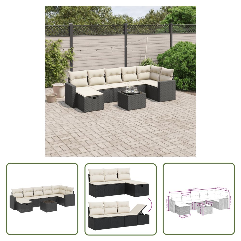 The Living Store 8-cz. zestaw wypoczynkowy do ogrodu - z poduszkami - czarny - Sofa Ogrodowa