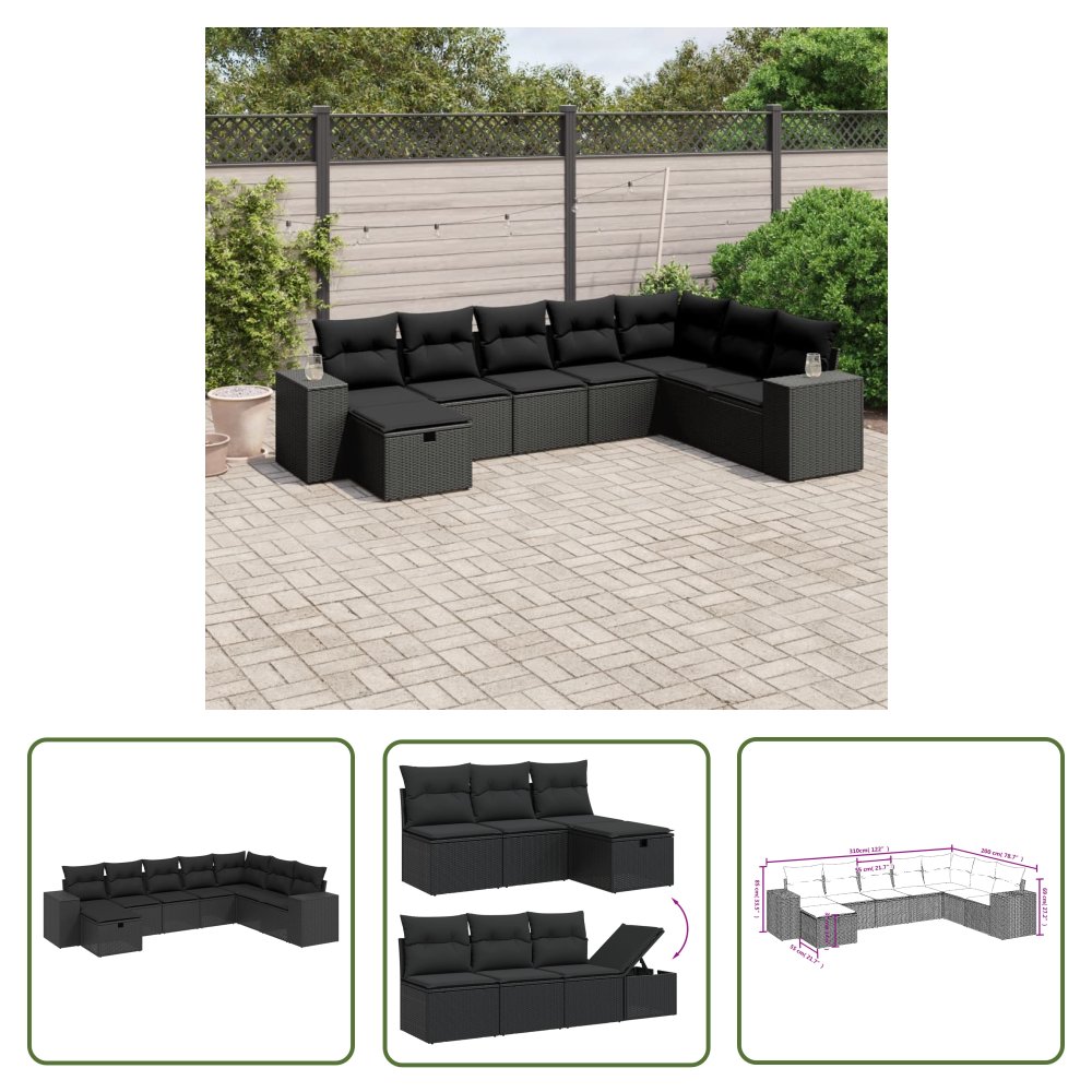 The Living Store 8-cz. zestaw wypoczynkowy do ogrodu - z poduszkami - czarny - Sofa Ogrodowa