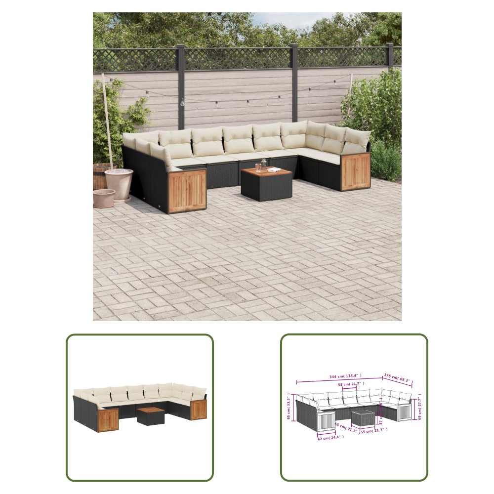 The Living Store 11-cz. zestaw wypoczynkowy do ogrodu - poduszki czarny rattan PE - Sofa Ogrodowa