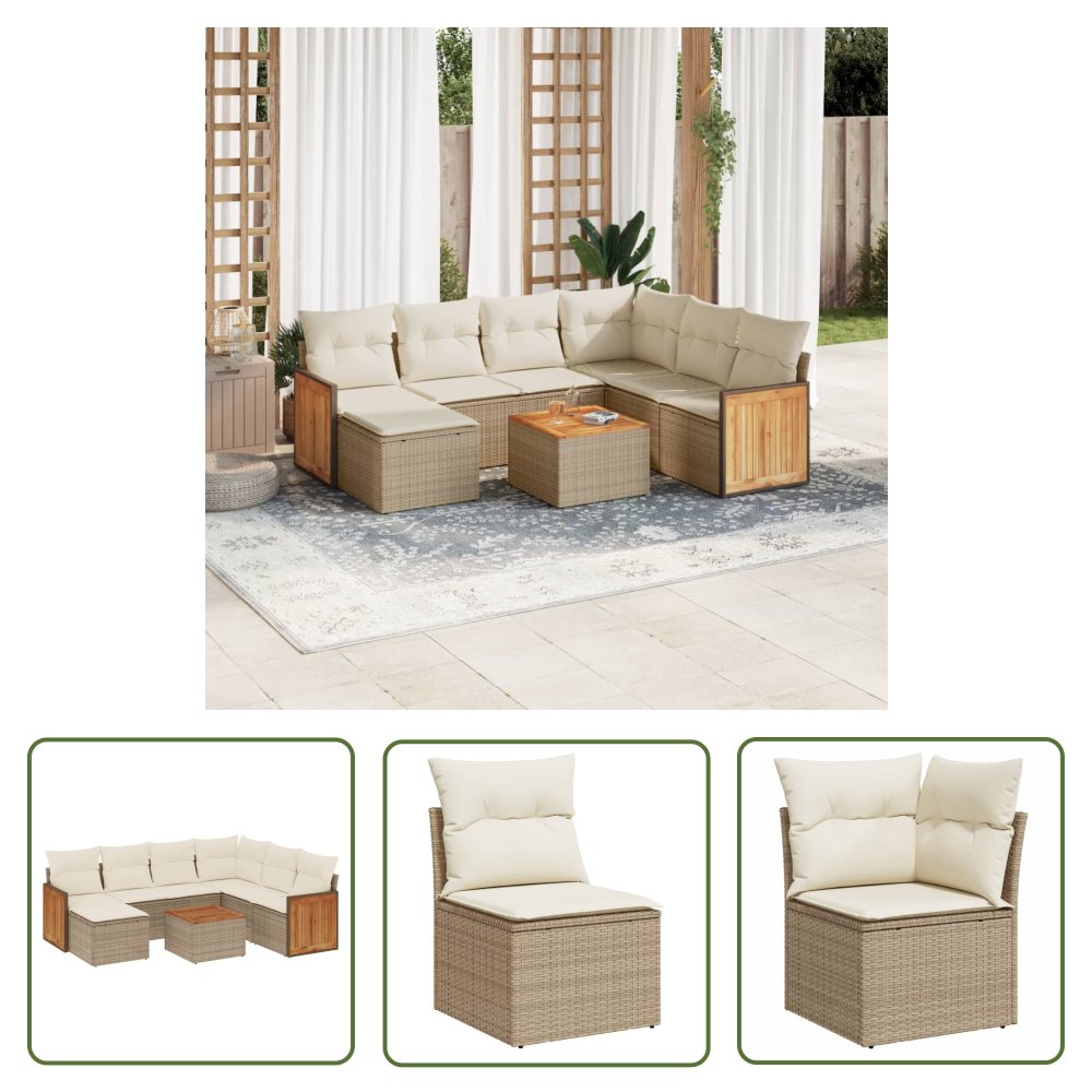 The Living Store 8-cz. zestaw mebli ogrodowych z poduszkami - beżowy - polirattan - Sofa Ogrodowa