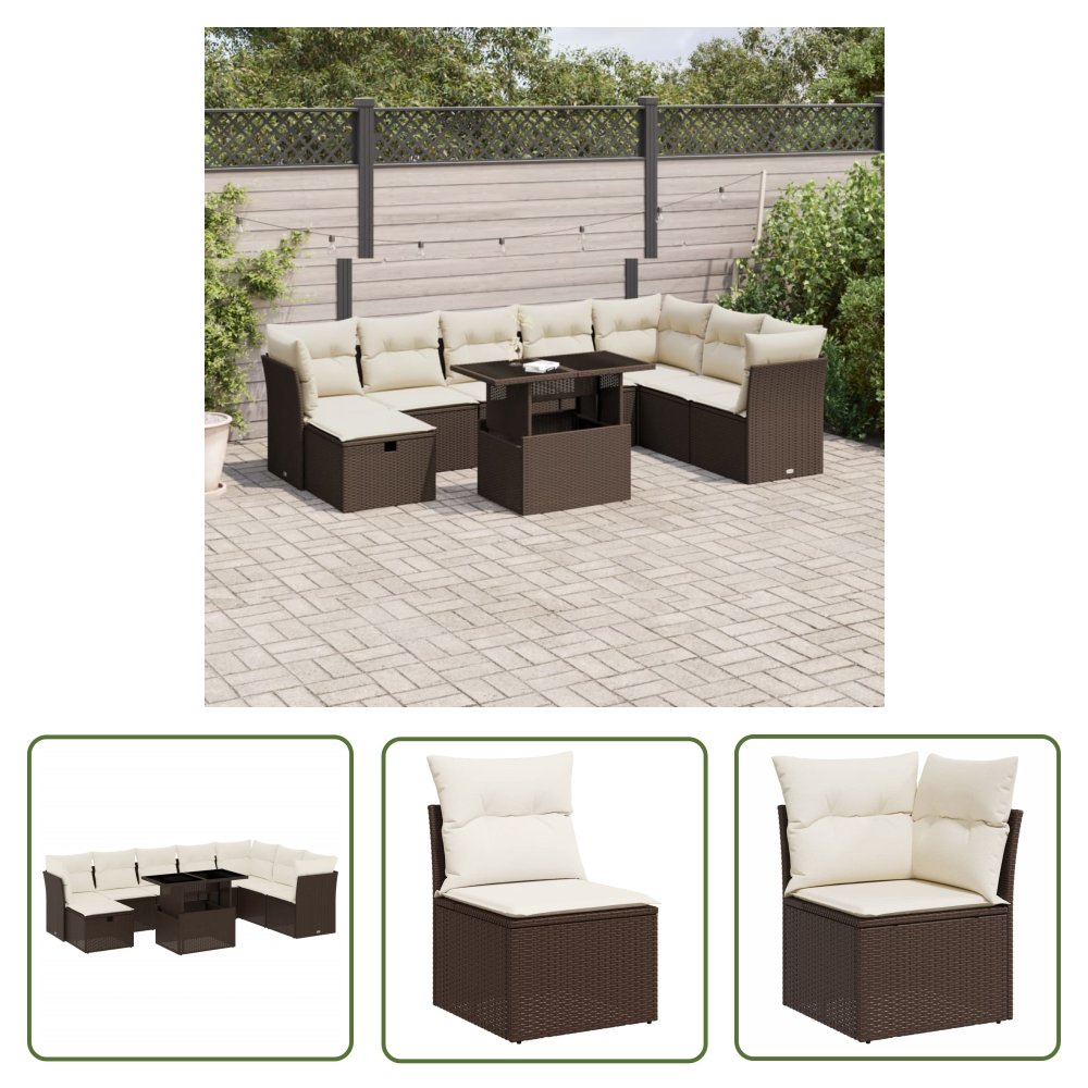 The Living Store 9-cz. zestaw mebli ogrodowych z poduszkami - brązowy - polirattan - Sofa Ogrodowa