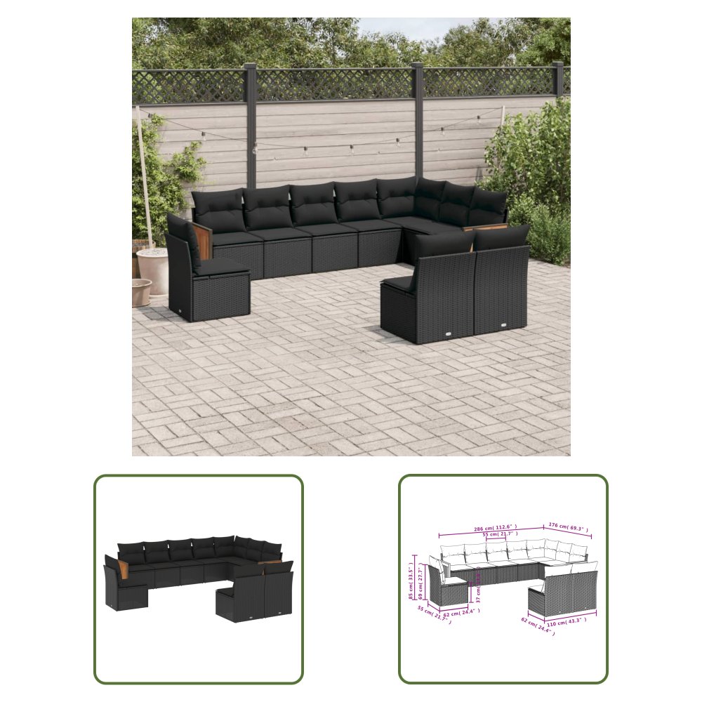 The Living Store 10-cz. zestaw wypoczynkowy do ogrodu - poduszki czarny rattan PE - Sofa Ogrodowa