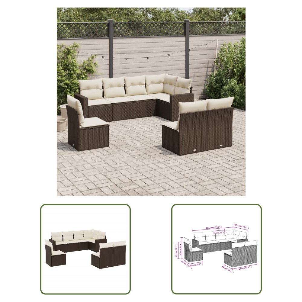 The Living Store 8-cz. zestaw wypoczynkowy do ogrodu - z poduszkami - brązowy - Sofa Ogrodowa