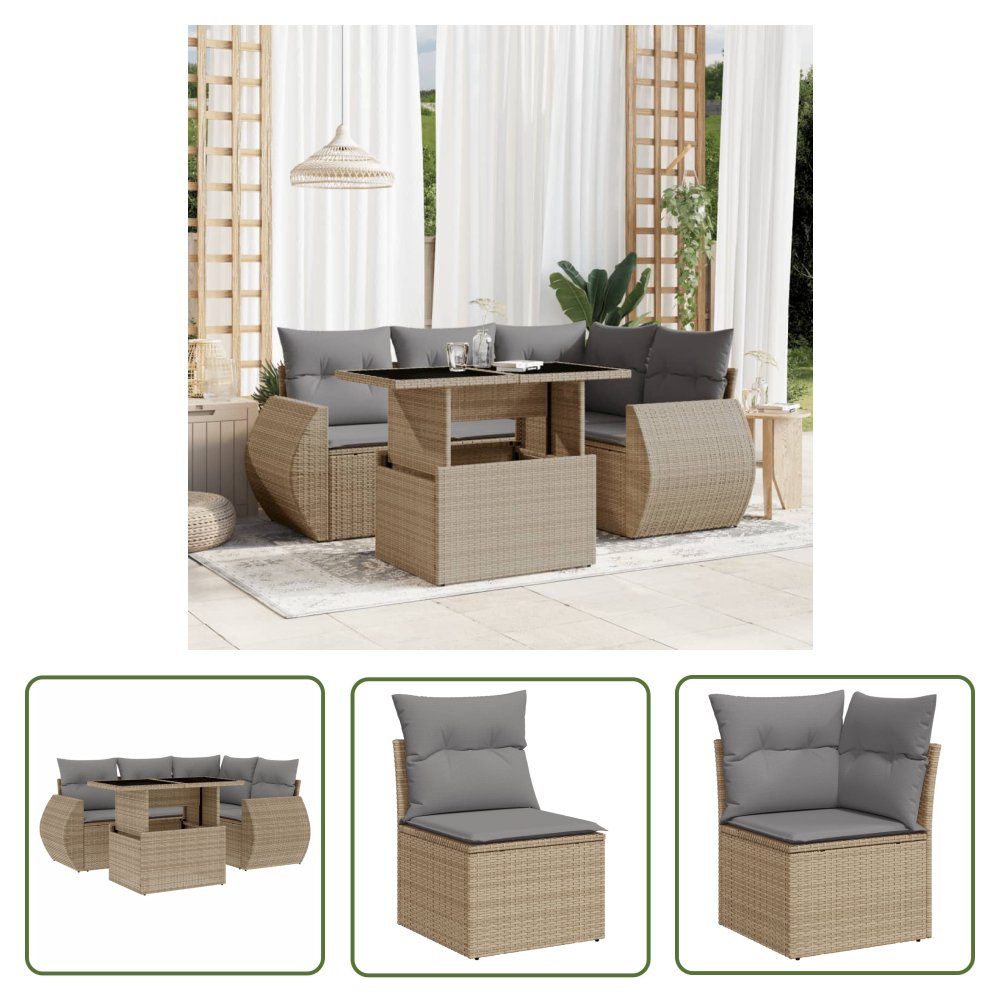 The Living Store 5-cz. zestaw mebli ogrodowych z poduszkami - beżowy - polirattan - Sofa Ogrodowa