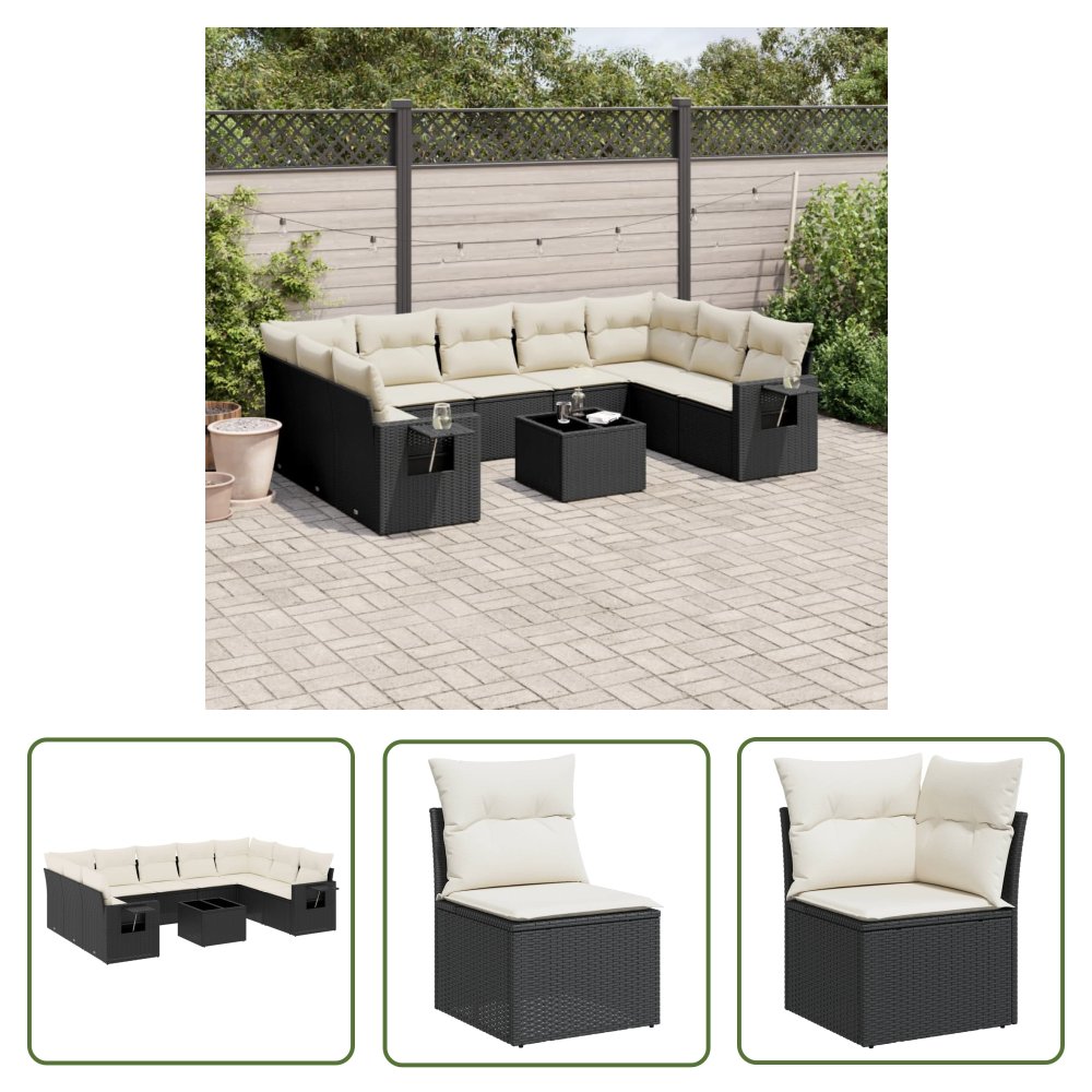 The Living Store 10-cz. zestaw wypoczynkowy do ogrodu - poduszki czarny rattan PE - Sofa Ogrodowa