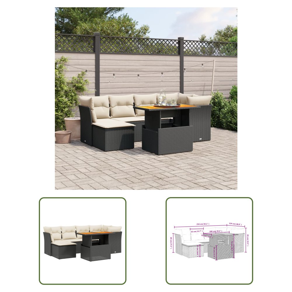 The Living Store 7-cz. zestaw wypoczynkowy do ogrodu - z poduszkami - czarny - Sofa Ogrodowa