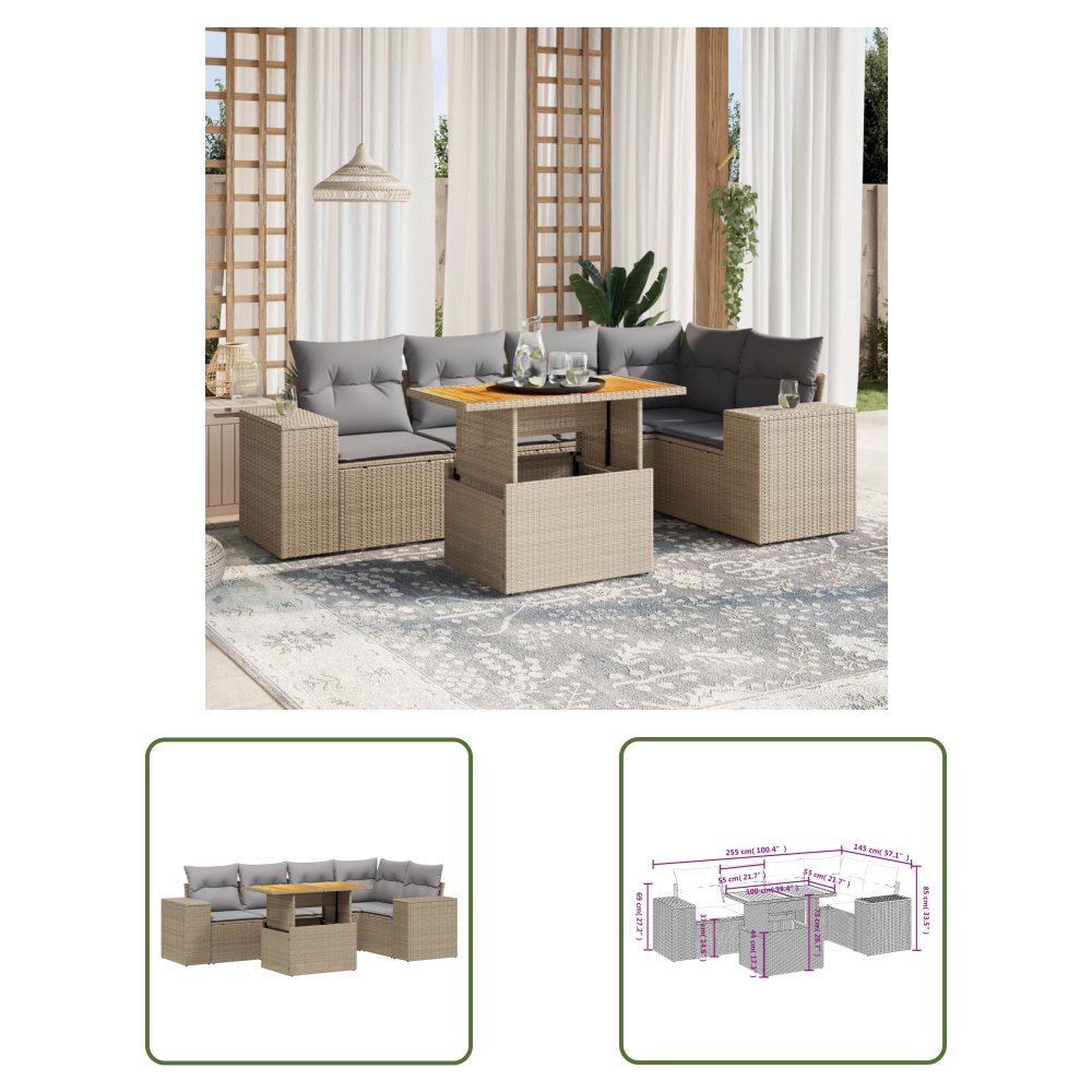 The Living Store 6-cz. zestaw mebli ogrodowych z poduszkami - beżowy - polirattan - Sofa Ogrodowa
