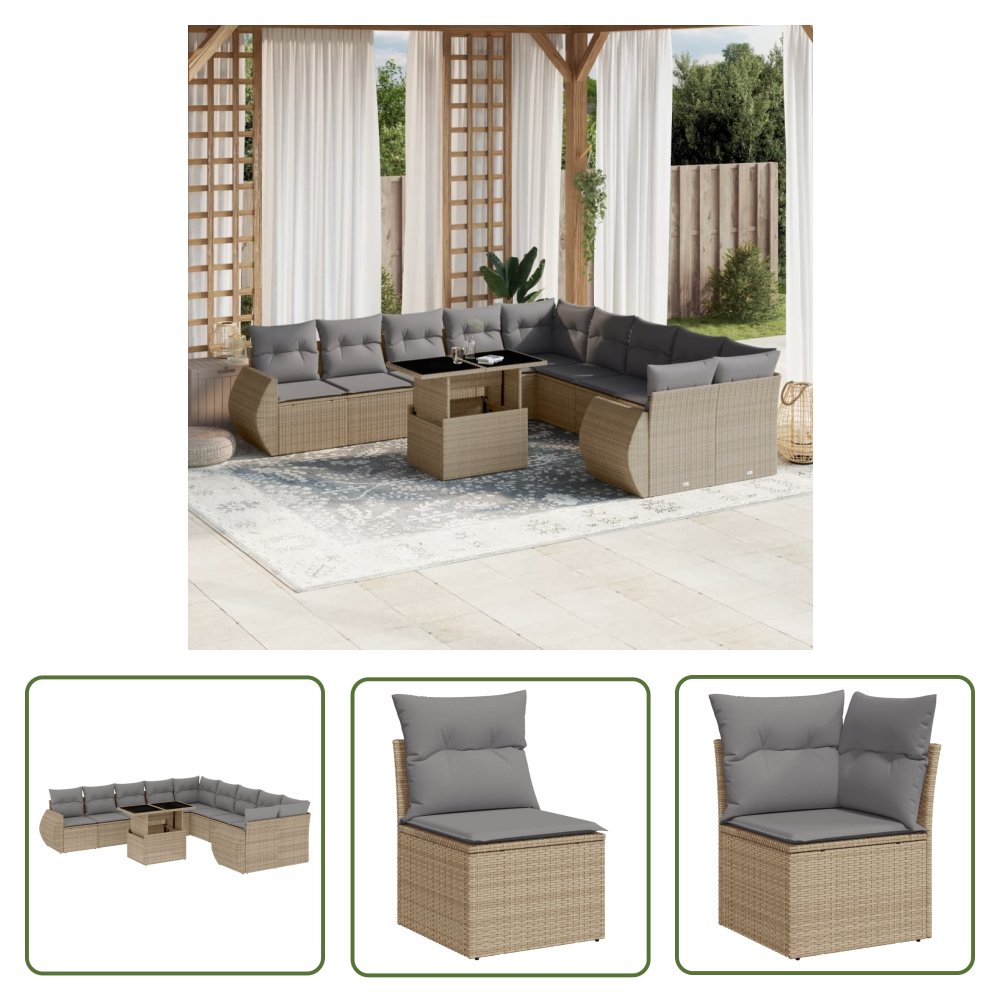 The Living Store 11-cz. zestaw mebli ogrodowych z poduszkami - beżowy - polirattan - Sofa Ogrodowa