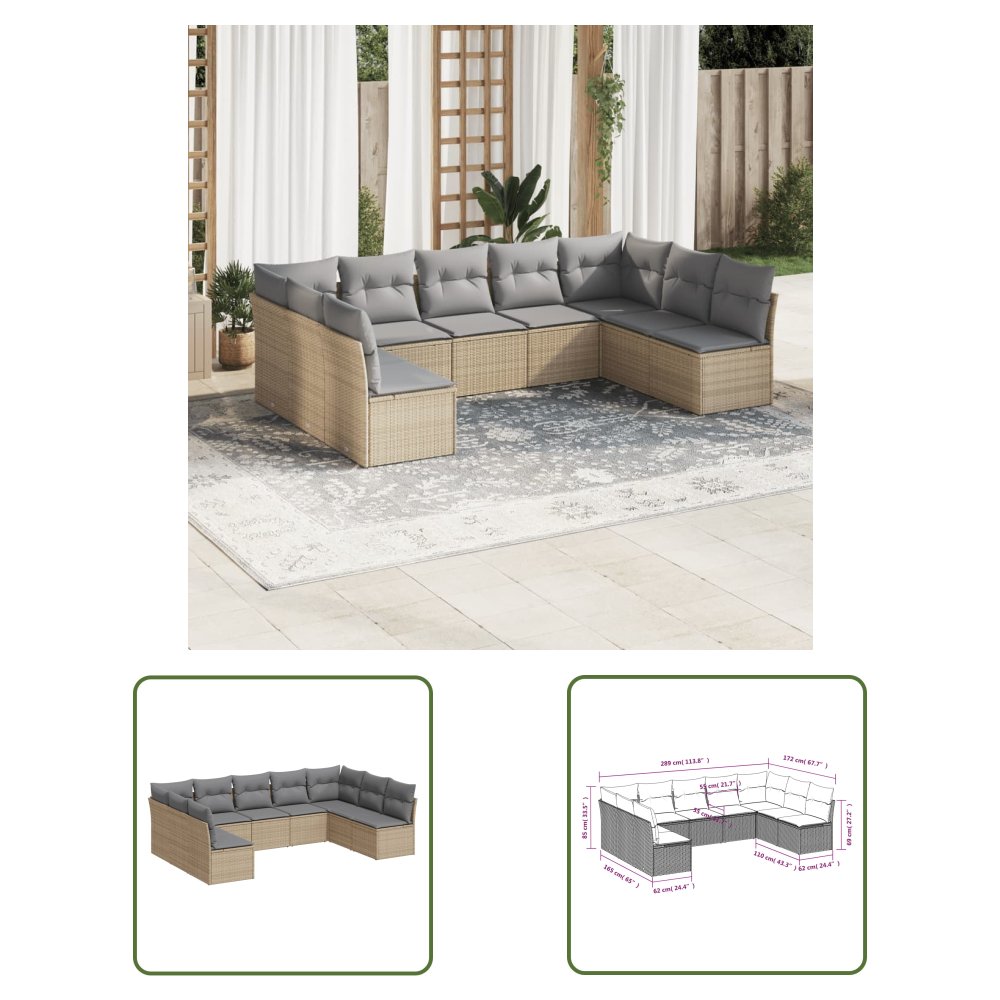 The Living Store 9-cz. zestaw mebli ogrodowych z poduszkami - beżowy - polirattan - Sofa Ogrodowa