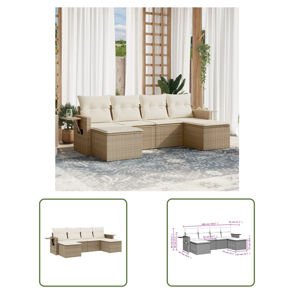The Living Store 6-cz. zestaw mebli ogrodowych z poduszkami - beżowy - polirattan - Sofa Ogrodowa