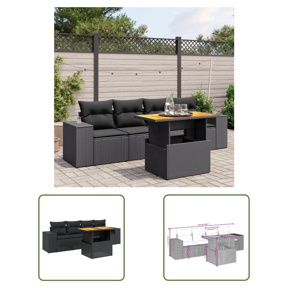The Living Store 5-cz. zestaw wypoczynkowy do ogrodu - poduszki - czarny rattan PE - Sofa Ogrodowa