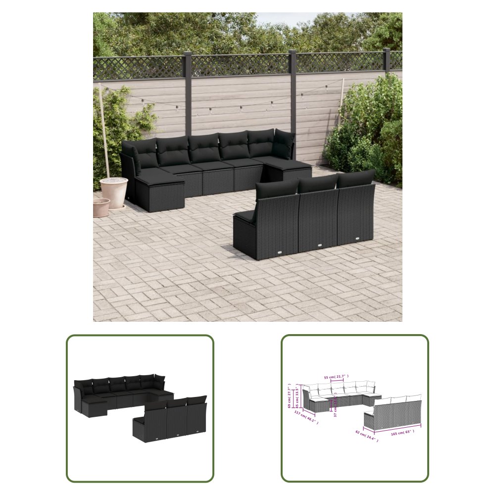 The Living Store 10-cz. zestaw wypoczynkowy do ogrodu - poduszki czarny rattan PE - Sofa Ogrodowa