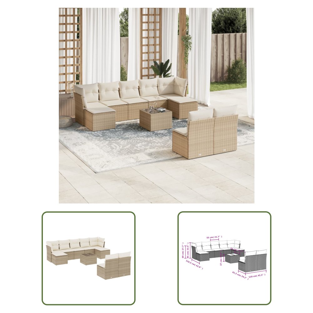 The Living Store 10-cz. zestaw mebli ogrodowych z poduszkami - beżowy - polirattan - Sofa Ogrodowa