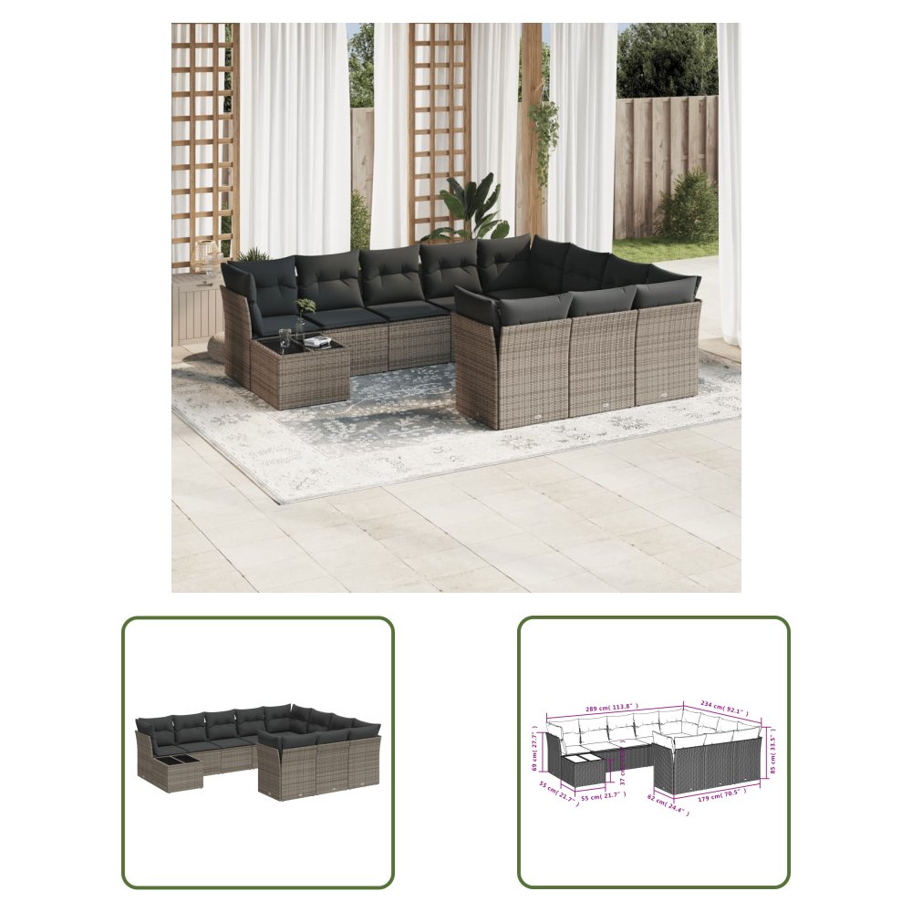 The Living Store 11-cz. zestaw mebli ogrodowych z poduszkami - szary rattan PE - Sofa Ogrodowa