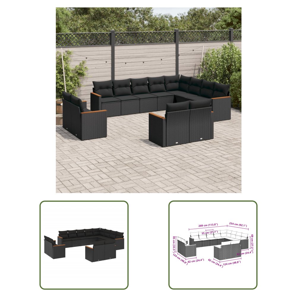 The Living Store 12-cz. zestaw mebli do ogrodu - z poduszkami - czarny - polirattan - Sofa Ogrodowa