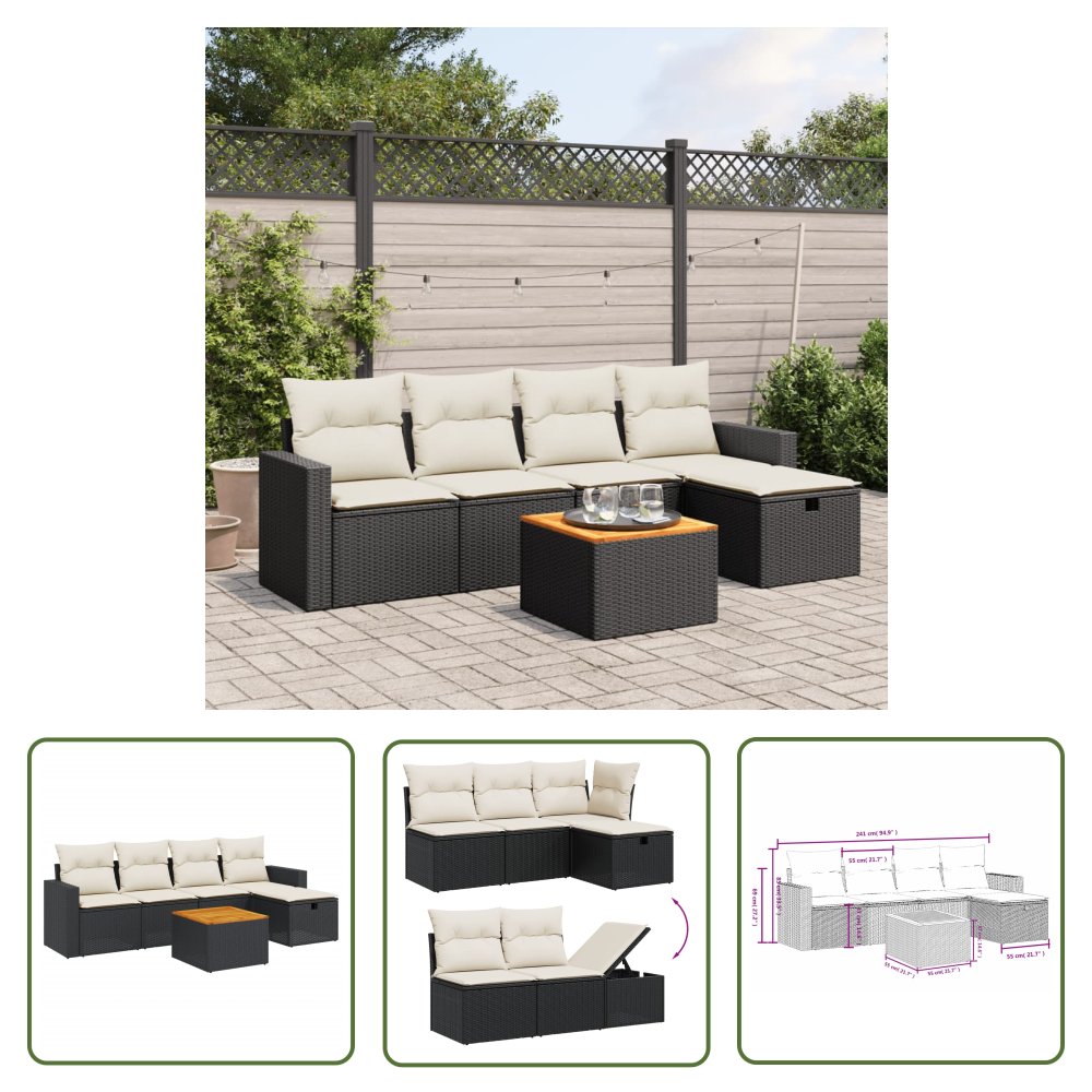 The Living Store 6-cz. zestaw mebli ogrodowych z poduszkami - czarny polirattan - Sofa Ogrodowa