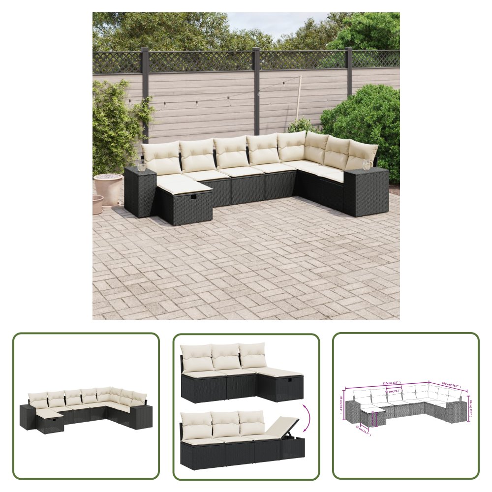 The Living Store 8-cz. zestaw wypoczynkowy do ogrodu - z poduszkami - czarny - Sofa Ogrodowa