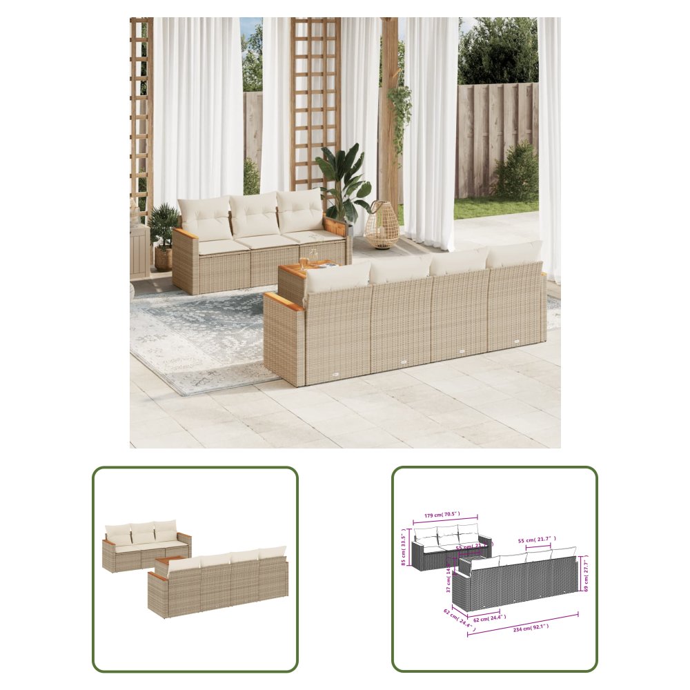 The Living Store 8-cz. zestaw mebli ogrodowych z poduszkami - beżowy - polirattan - Sofa Ogrodowa