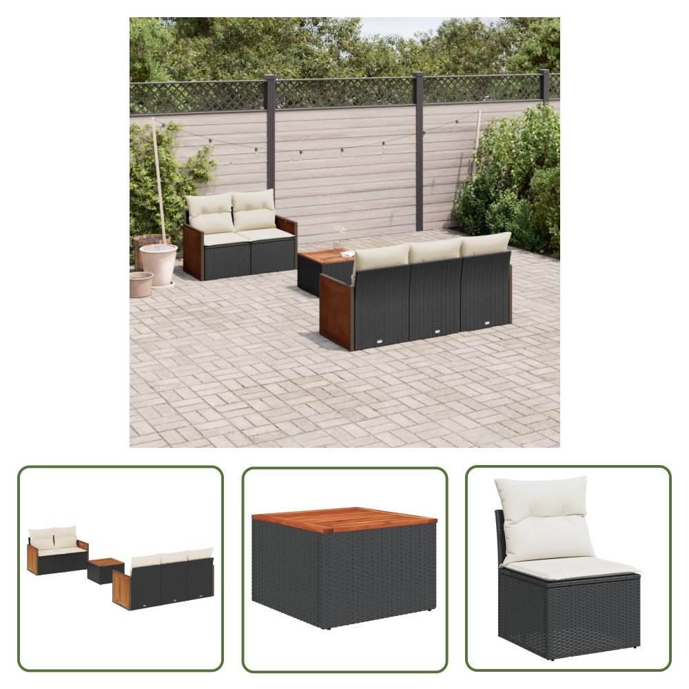The Living Store 6-cz. zestaw mebli ogrodowych z poduszkami - czarny polirattan - Sofa Ogrodowa