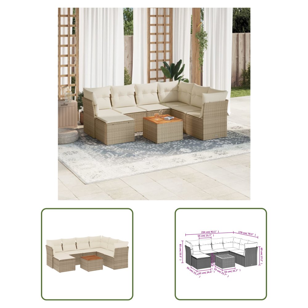 The Living Store 8-cz. zestaw mebli ogrodowych z poduszkami - beżowy - polirattan - Sofa Ogrodowa