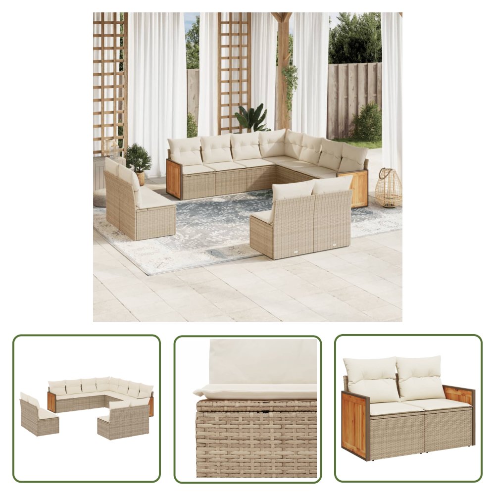 The Living Store 11-cz. zestaw mebli ogrodowych z poduszkami - beżowy - polirattan - Sofa Ogrodowa