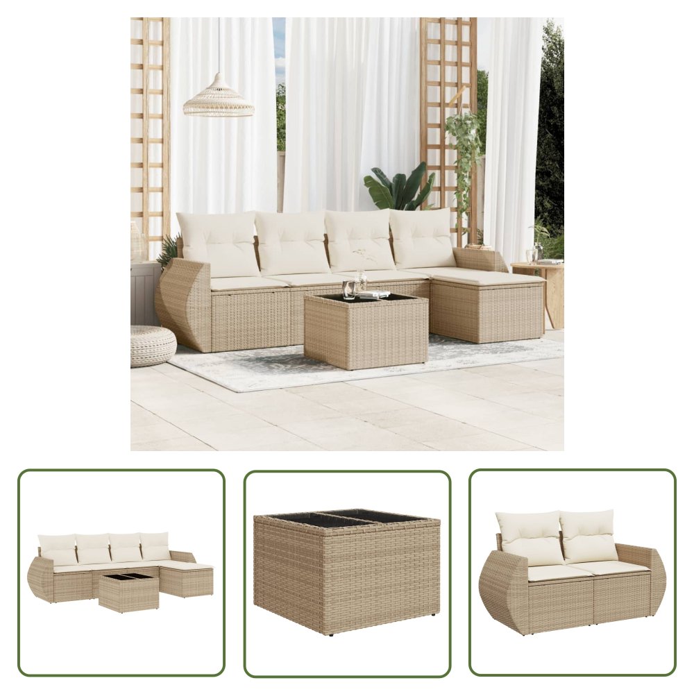 The Living Store 6-cz. zestaw mebli ogrodowych z poduszkami - beżowy - polirattan - Sofa Ogrodowa