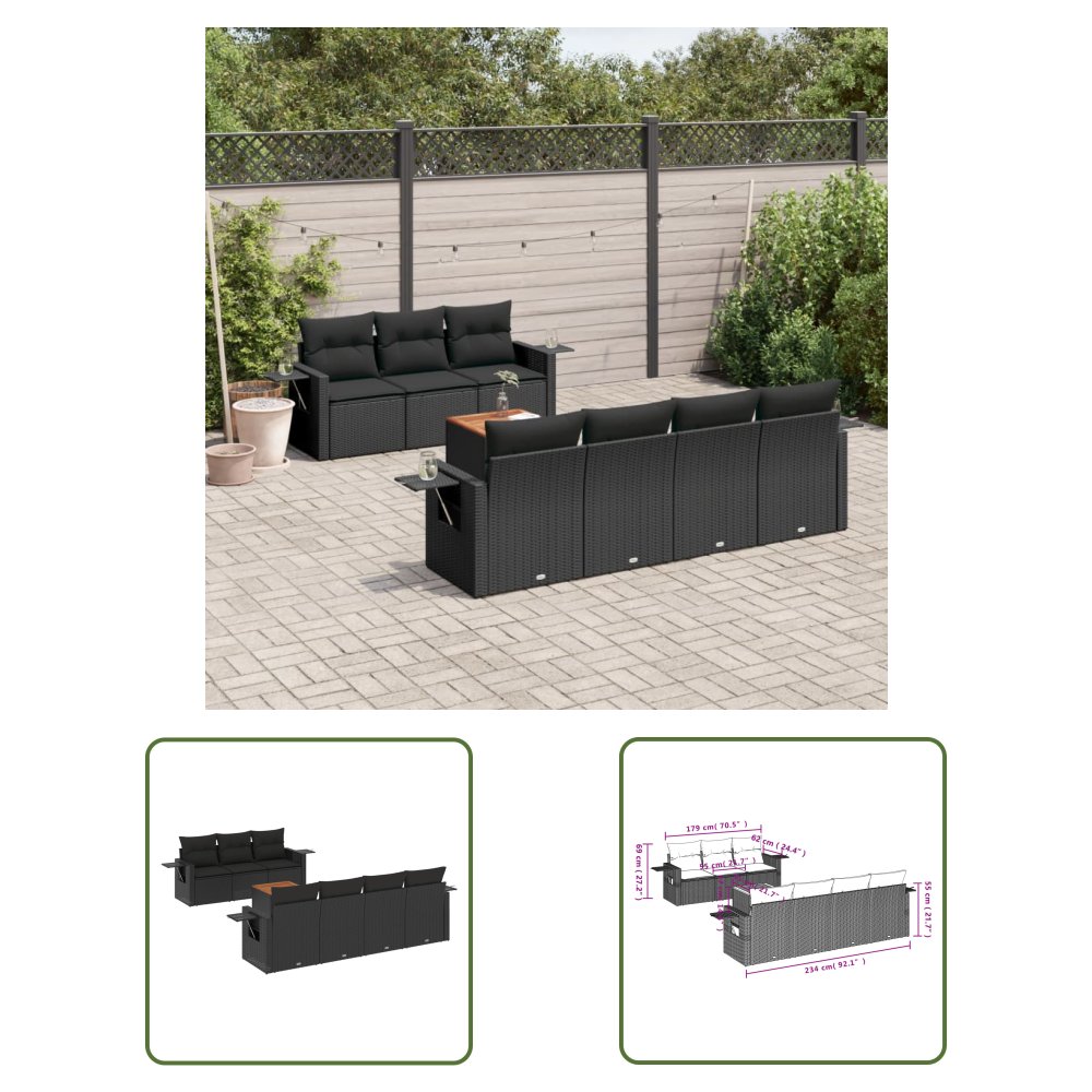 The Living Store 8-cz. zestaw wypoczynkowy do ogrodu - z poduszkami - czarny - Sofa Ogrodowa