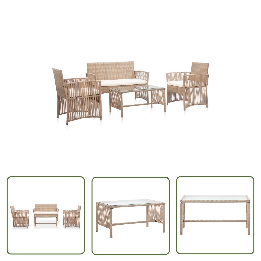 The Living Store 4-cz. zestaw wypoczynkowy do ogrodu - poduszki - rattan PE - beż - Mebel Ogrodowy