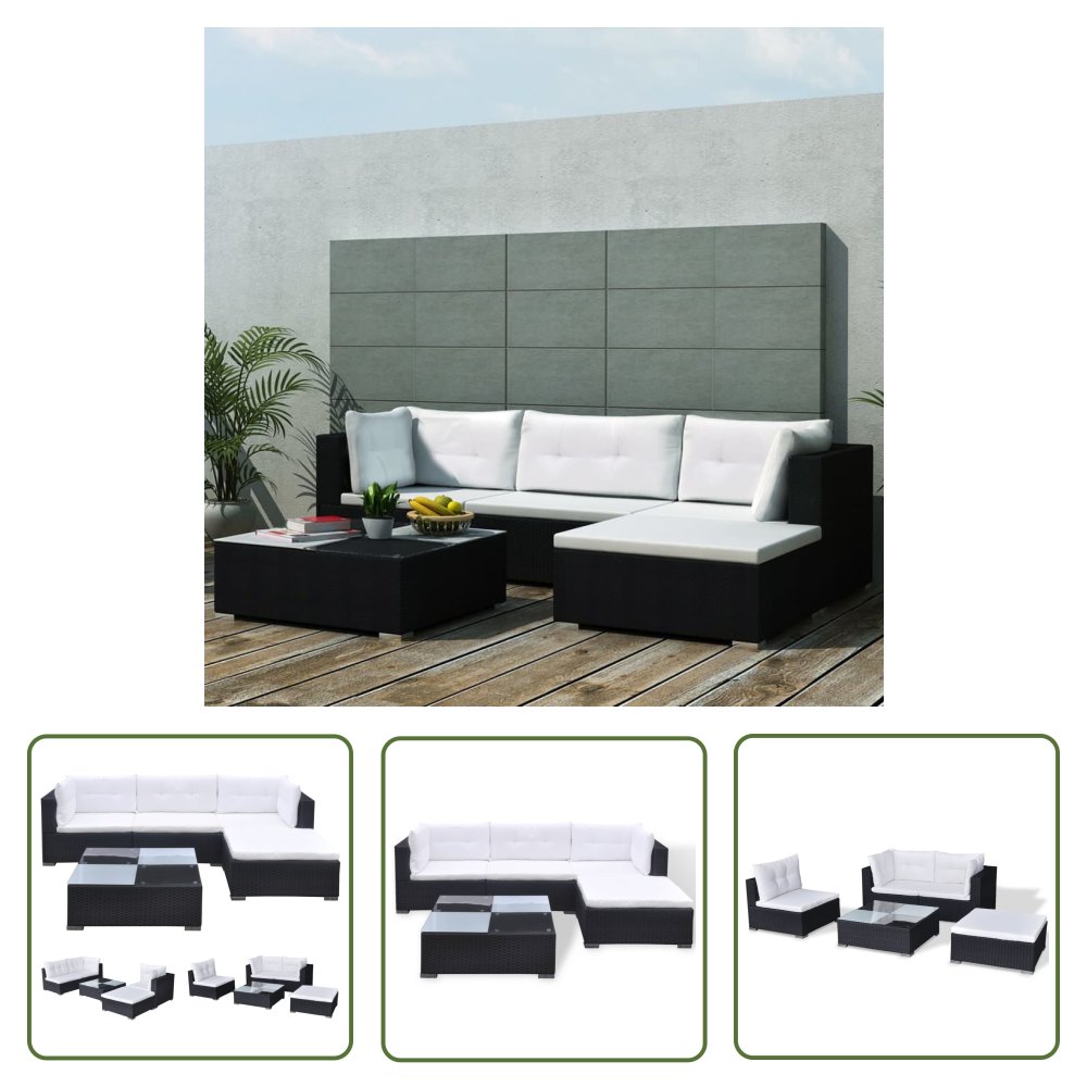 The Living Store 5-cz. zestaw wypoczynkowy do ogrodu - poduszki - czarny rattan PE - Sofa Ogrodowa I Stół
