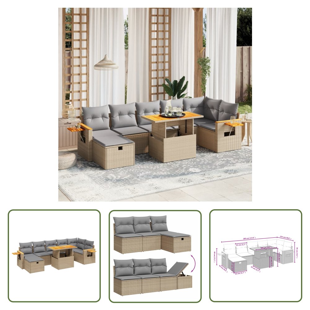 The Living Store 8-cz. zestaw mebli ogrodowych z poduszkami - beżowy - polirattan - Sofa Ogrodowa