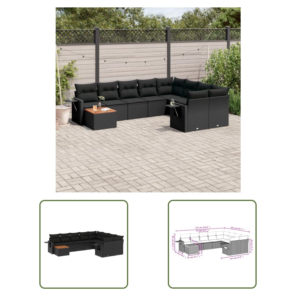 The Living Store 10-cz. zestaw wypoczynkowy do ogrodu - poduszki czarny rattan PE - Sofa Ogrodowa