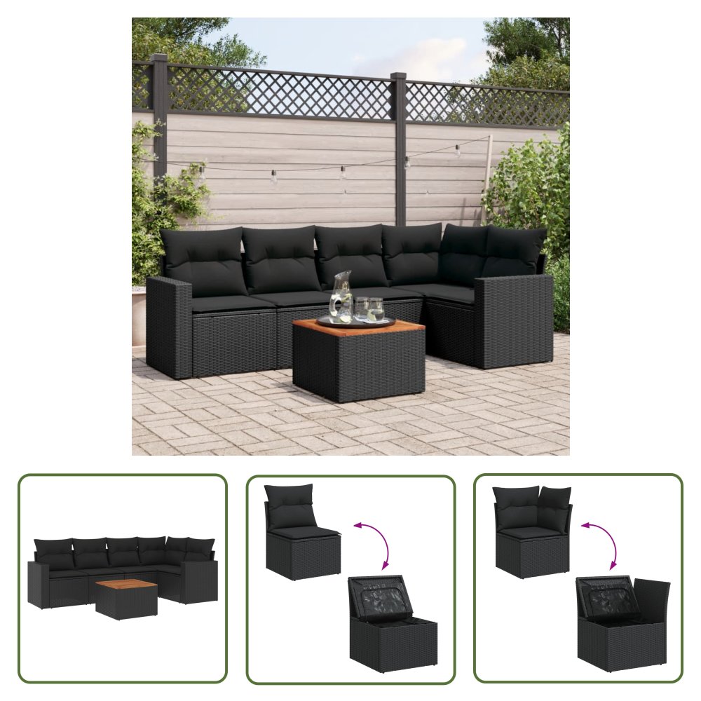 The Living Store 6-cz. zestaw mebli ogrodowych z poduszkami - czarny polirattan - Sofa Ogrodowa