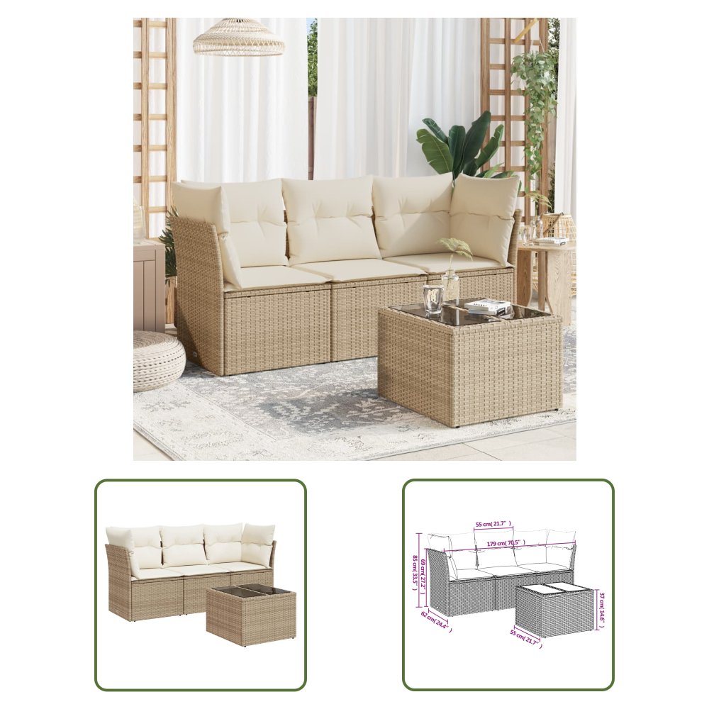 The Living Store 4-cz. zestaw mebli ogrodowych z poduszkami - beżowy - polirattan - Sofa Ogrodowa